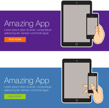 Realistic vector laptop, tablet computer, monitor and mobile phone template. Template of mobile devices for web site and banner. Colorful vector banner for social media with smartphone and laptopのイラスト素材