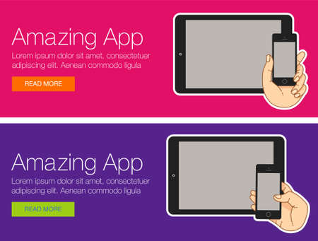 Realistic vector laptop, tablet computer, monitor and mobile phone template. Template of mobile devices for web site and banner. Colorful vector banner for social media with smartphone and laptopのイラスト素材