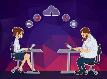 Vector illustration of workplace and coworking. Social network and web icons. UX designer and internet sharing. Icon set of cloud sharing technology and service. Character designer man in hackathon.のイラスト素材