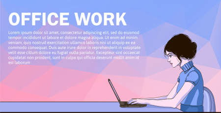 Vector banner of cartoon woman on laptop. Business woman surfing internet. Business woman with laptop in office - vector banner. Cartoon businesswoman on desk. Vector banner with laptop and womanのイラスト素材