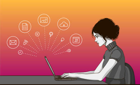 Vector cartoon of woman on laptop. Business woman surfing internet. Business woman with laptop in office - vector banner. Cartoon businesswoman on desk. Office work of woman on laptop - vector bannerのイラスト素材