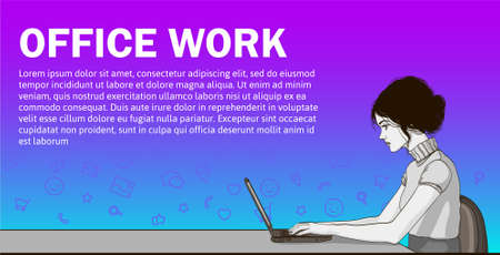 Vector cartoon of woman on laptop. Business woman surfing internet. Business woman with laptop in office - vector banner. Cartoon businesswoman on desk. Office work of woman on laptop - vector bannerのイラスト素材