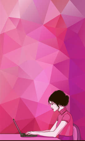 Vector banner of cartoon woman on laptop. Business woman surfing internet. Business woman with laptop in office - vector banner. Cartoon businesswoman on desk. Vector banner with laptop and womanのイラスト素材