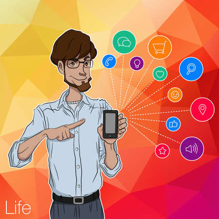 Mobile smartphone with notification. Characters with mobile app notification. Smartphone with mobile app. Characters with mobile smartphone. Man with online notification of app. Man with mobile phoneのイラスト素材