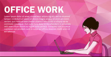 Vector cartoon of woman on laptop. Business woman surfing internet. Business woman with laptop in office - vector banner. Cartoon businesswoman on desk. Office work of woman on laptop - vector bannerのイラスト素材
