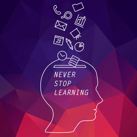 Vector banner - never stop learning. Banner for online courses, educational training, app. Head of human with icons of programs to working. Banner for learning courses. Vector line head for bannerのイラスト素材