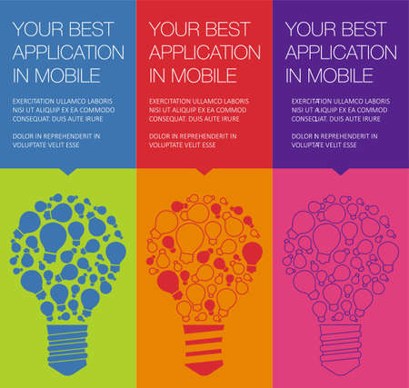 Vector banner with light bulb of idea. Vertical banner for education online courses. Colorful banner with ballon talk for presentation of idea. Tip and hint for brain. Banner for Hackathon event.のイラスト素材