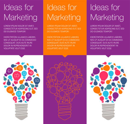 Vector banner with light bulb of idea. Vertical banner for education online courses. Colorful banner with ballon talk for marketing of idea. Tip and hint for brain. Banner for Hackathon event.のイラスト素材