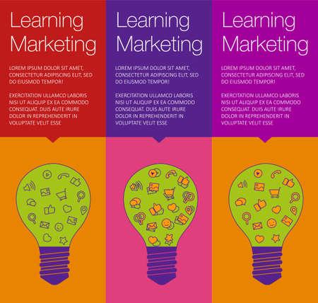 Vector banner with light bulb of idea. Vertical banner for education online courses. Colorful banner with ballon talk for marketing of idea. Tip and hint for brain. Banner for Hackathon event.のイラスト素材