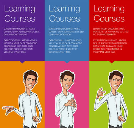 Vector colorful banner with business man. Set of vertical banner for advertisement. Vertical office man talking. Banner for presentation product, service, startup. Web banner with ballon talkのイラスト素材