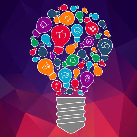 Ideas for techology. Tools and services for network. Light bulb with icons in flat style for tools, programs, slides. Vector illustration concept of UX thought and enlightenment.のイラスト素材