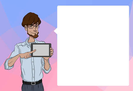 Mobile tablet with notification. Characters with bubble talk. Vector tablet with mobile app. Characters speech of mobile tablet. Man with online notification of app. Man with mobile tabletのイラスト素材