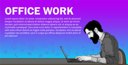 Vector cartoon of man on laptop. Business man surfing internet. Business man with laptop in office - vector banner. Cartoon businessman on desk. Office work of man on laptop - vector bannerのイラスト素材