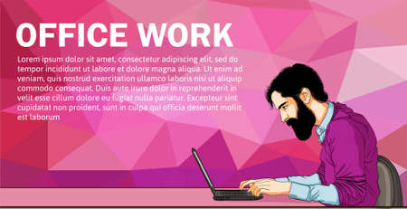 Vector banner of cartoon man on laptop. Business man surfing internet. Business man with laptop in office - vector banner. Cartoon businessman on desk. Vector banner with laptop and manのイラスト素材