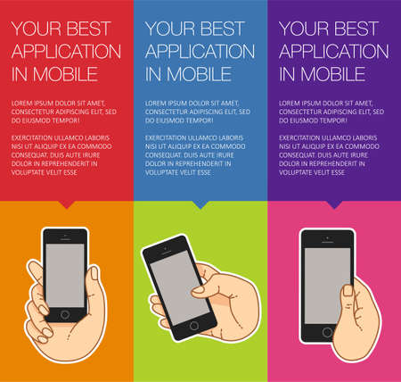 Set of banners with mobile smartphone templates. Vertical banner with hand keeping mobile phone. Banner with mobile phone mockup. Mobile touch screen of phone for banner. Web banner with ballon talkのイラスト素材