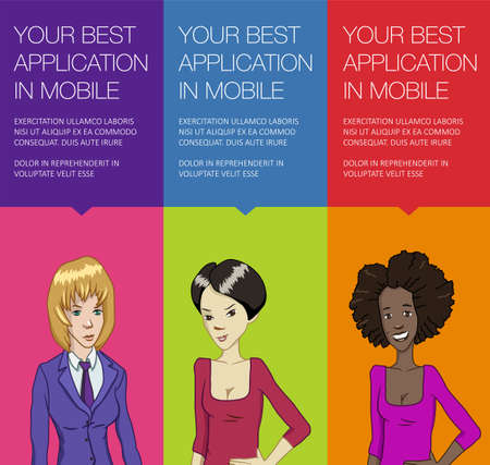 Vector colorful banner with business woman. Set of vertical banner for advertisement. Vector office woman talking. Banner for presentation product, service, startup. Web banner with ballon talkのイラスト素材