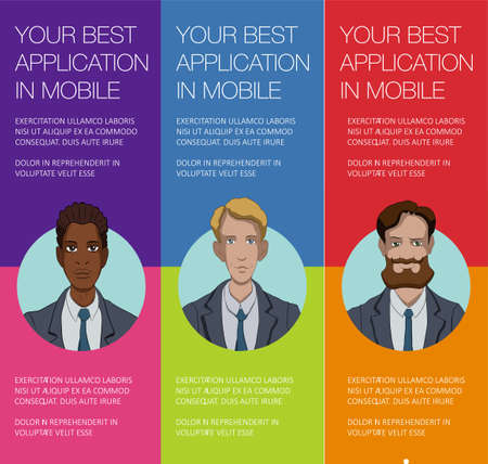 Vector colorful banner with business man. Set of vertical banner for advertisement. Vector office man talking. Banner for presentation product, service, startup. Web banner with ballon talkのイラスト素材