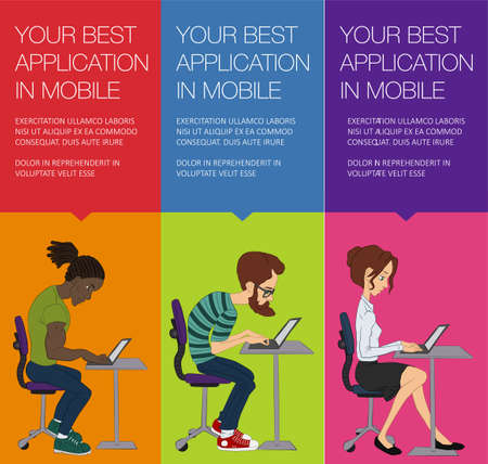 Vector banner with working people on laptop. Vector woman and man sitting at laptop. Set of vertical colorful banner. Cartoon character typing on computer on Hackathon. Web banner with ballon talkのイラスト素材