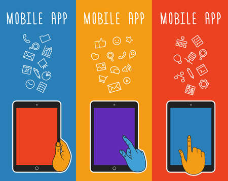Vector banner with mobile devices. Vertical banner with touch screen. Banner with mobile tablet. Vector hand touching mobile tablet. Bubble banner. Notification of mobile app. Presentation for storeのイラスト素材