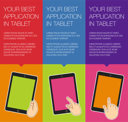 Vector banner with mobile devices. Vertical banner with touch screen. Banner with mobile tablet. Vector hand touching mobile tablet. Bubble banner. Notification of mobile app. Presentation for storeのイラスト素材
