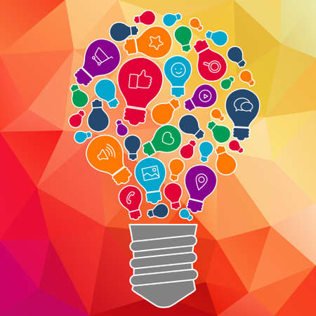 Ideas for techology. Tools and services for network. Light bulb with icons in flat style for tools, programs, slides. Vector illustration concept of UX thought and enlightenment.のイラスト素材