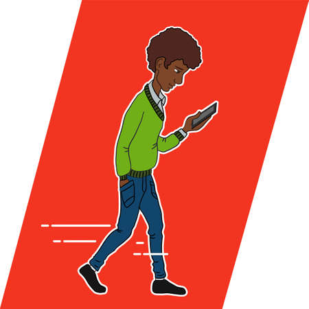 Guy looking at mobile phone apps. Walking guy with a mobile phone. Icons apps in smartphone of guy. Vector person of guy walking and looking at phone. Person with mobile. Online services in smartphoneのイラスト素材
