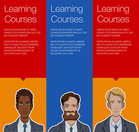 Vector colorful banner with business man. Set of vertical banner for advertisement. Vector office man talking. Banner for presentation product, service, startup. Web banner with ballon talkのイラスト素材