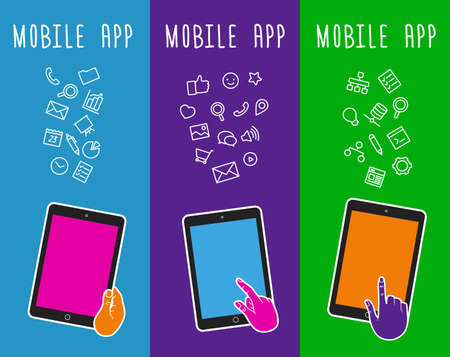 Vector banner with mobile devices. Vertical banner with touch screen. Banner with mobile tablet. Vector hand touching mobile tablet. Bubble banner. Notification of mobile app. Presentation for storeのイラスト素材