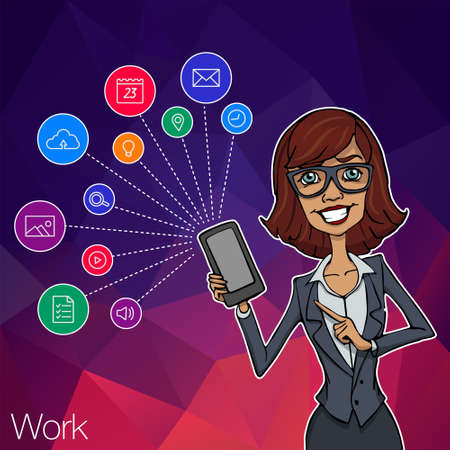 Vector woman with mobile smartphone app on white background. Woman with mobile app, startup, website. Cloud service, social network and technology with notification. Mobile notification of hackathonのイラスト素材