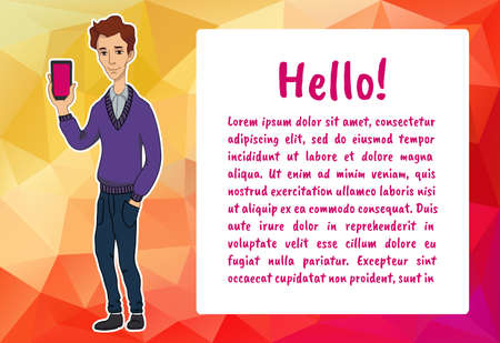 Banner with business people. Vector character with bubble talk and mobile. Vector quote for colorful web banners, web sites, printed materials, infographics, startup, marketing. Guy says - helloのイラスト素材