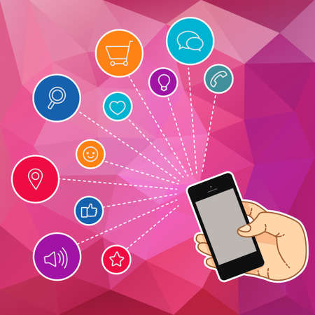 Hand set of line icons. Demonstration internet and social network. Vector flat illustration of cloud service and technology. Sharing of working file and document project. Tools for business and work.のイラスト素材