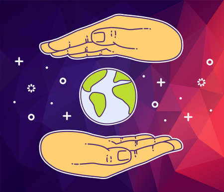 Banner with Hand hold globe. Vector icon of saving planetのイラスト素材