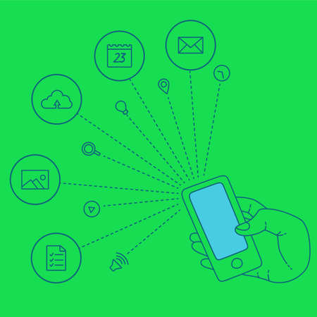 Hand keeps mobile and set icons. Demonstration touch screen of display for market. Internet social network in touch smartphone. Vector flat illustration cloud service and touch technology smartphoneのイラスト素材
