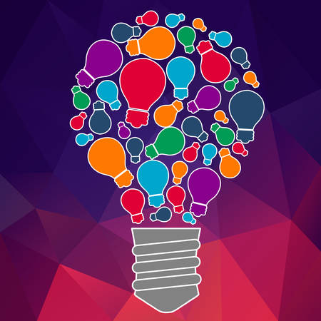 Ideas for techology. Tools and services for network. Light bulb with icons in flat style for tools, programs, slides. Vector illustration concept of UX thought and enlightenment.のイラスト素材