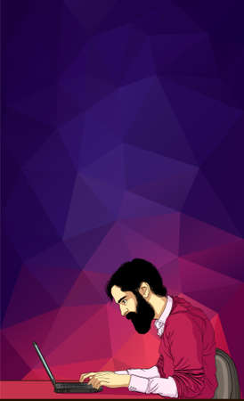 Vector cartoon of man on laptop. Business man surfing internet. Business man with laptop in office -...
