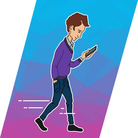 Guy looking at mobile phone apps. Walking guy with a mobile phone. Icons apps in smartphone of guy. Vector person of guy walking and looking at phone. Person with mobile. Online services in smartphoneのイラスト素材