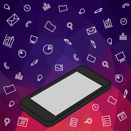 Hand keeps mobile and set icons. Demonstration touch screen of display for market. Internet social network in touch smartphone. Vector flat illustration cloud service and touch technology smartphoneのイラスト素材
