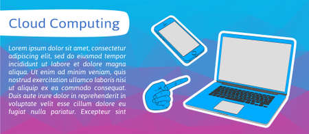 Vector banner with hand, smartphone and laptop. Horizontal banner for header or footer.のイラスト素材