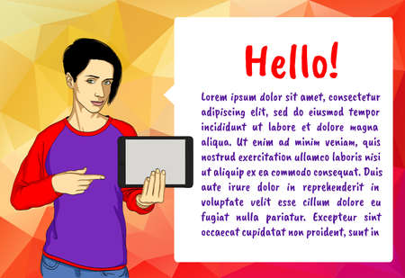 Young woman wearing in casual wear standing and showing tablet screen. Concept for social network. Vector illustration of girl with tablet.のイラスト素材