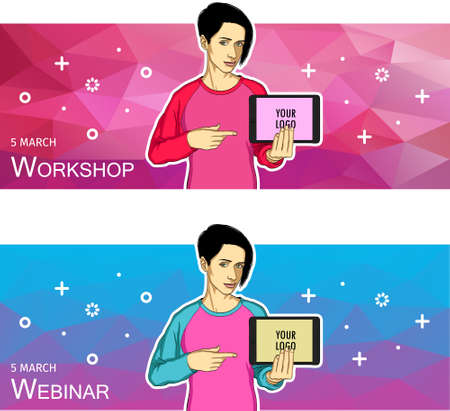 The girl in the comfortable clothes pointing finger on the tablet screenのイラスト素材