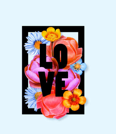 LOVE typography with flowers background. Poster with flowers and letteringの写真素材