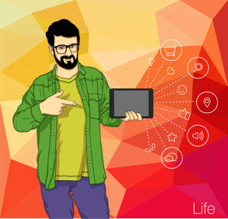 The silhouette of businessman with set of social media symbols - vector illustrationのイラスト素材