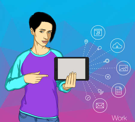 Internet addicted people concept illustration of men and women using devices such as laptop, smartphone, tablets.のイラスト素材