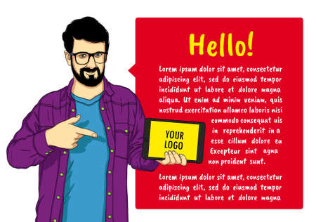 Guy on a white background with the bubble of text shows the screen of the tablet. Vector illustration for slide show presentations, web siteのイラスト素材