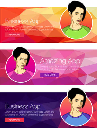 Vector concept for app template - mobile app, smartphone, social media, mobile phone. Banner or header of vector mobile tablet app. Ads banner presentation with face of woman. Cartoon character for bannerのイラスト素材