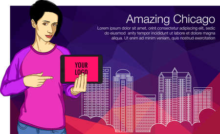Student using a tablet computer for education. Caucasian student holding tablet computer and pointing forefinger up. Concept of educational technology. Vector flat design illustration. Square layout.のイラスト素材