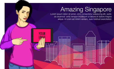 A young girl is showing a finger on the tablet PC screen. Vector illustration of Singapore buildings for web banner, hackathon, workshopのイラスト素材