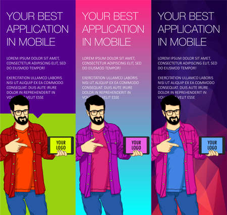 Set of colorful banners with the guy and the tablet.のイラスト素材