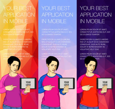 Set of colorful banners with the girl and the tabletのイラスト素材