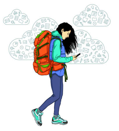 Girl with mobile phone on white background. Vector illustration of cloud technologies and services in a smartphoneのイラスト素材